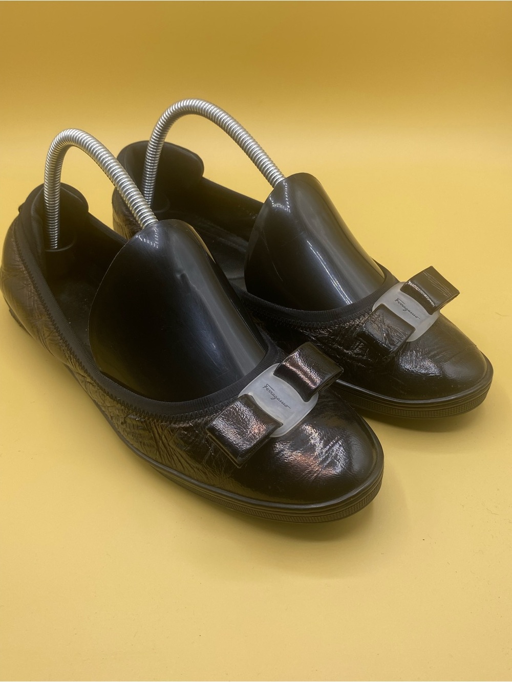 Salvatore Ferragamo Black Patent Leather Vara Bow Flats